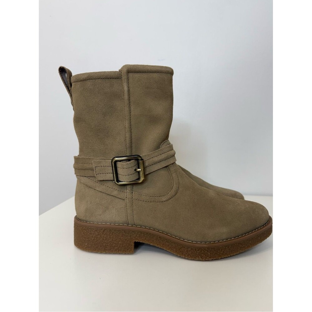 Clarks Dark Sand Nella Mid Boot Suede Buckle Moto Women’s Size 9